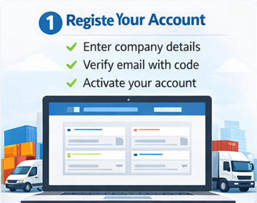 Modulo di registrazione trasportatore ExusTrans con dati aziendali, Partita IVA e attivazione tramite e-mail.
